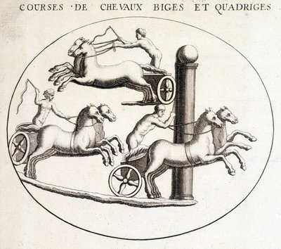Biges och quadriges hästkapplöpningar. 1800-talsgravyr. av Unknown artist