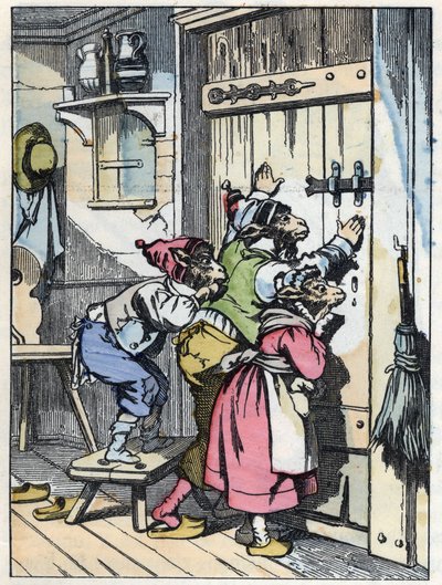 Biquets lyssnar på vem som knackar på dörren. Illustration av berättelsen "Compere le Loup, Maitre Renard, Comere la Chevre et ses petits biquets"" efter en fabel av Jean de la Fontaine. I "" Sagor från hemmet för de minsta"". Anonym gravyr av 1 av Unknown artist