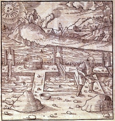 Bitumenåtervinning. Georg Bauer "" Agricola De Re metallica"" bok från 1400-talet. Bibl. från Vetenskapsmuseet, Milano. av Unknown artist