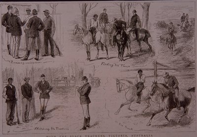 Black Trackers på spåret av bushrangers i Victoria, Australien 1881 (gravyr) av Unknown artist