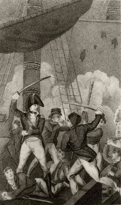 Blackbeard går ombord på Pearl, under befäl av löjtnant Maynard av Unknown artist