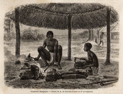 Smedmanganjas (etnisk grupp i Zambeze-regionen). Gravyr för att illustrera Dr. Livingstones första resor till södra Afrika från 1840 till 1856, i "Le tour du monde, nouveau journal des voyages"" publicerad under ledning av Edouard Charton av Unknown artist