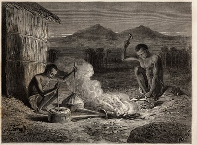 Smeder i Simiango, vid stranden av floden Zambese. Gravyr för att illustrera Dr. Livingstones första resor till södra Afrika från 1840 till 1856, i "Le tour du monde, nouveau journal des voyages"" publicerad under ledning av Edouard Charton av Unknown artist