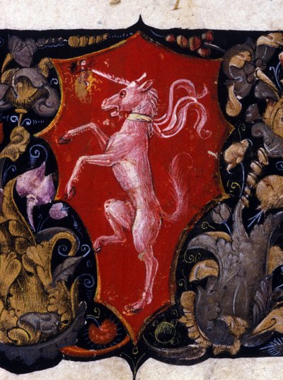 Blazon dekorera en enhörning på en röd bakgrund. Detalj av en miniatyr. 1400-talet av Unknown artist
