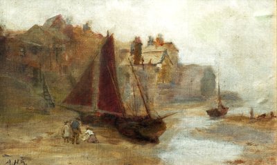 Båt på stranden (olja på duk) av Unknown artist