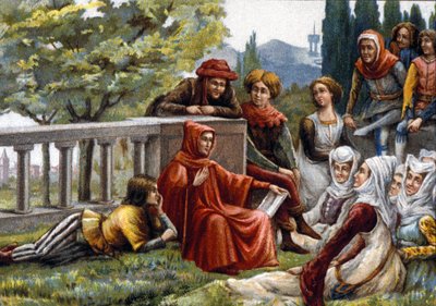 Boccaccio (Boccaccio) läser Decameron för sina vänner under pestepidemin i Florens omkring 1348. kromolitografi från slutet av 1800-talet. av Unknown artist