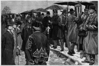 Bookmakers på kapplöpningsbanan i Auteuil innan strejkvakterna togs bort, i "" Le Monde Illustré"" 1887. av Unknown artist