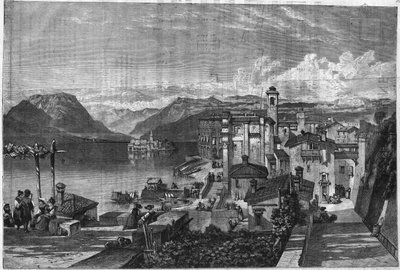 Borromees-öarna i Lago Maggiore (Lago Maggiore i Lombardiet) i Italien: Utsikt över Isola Bella (Ila-Bella). Gravyr i "" L
