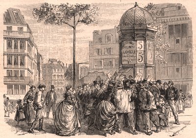 Boulevard Pigalle i Paris: Parisisk folksamling runt en Morris-kolumn under försäljningen av tidningarna av Unknown