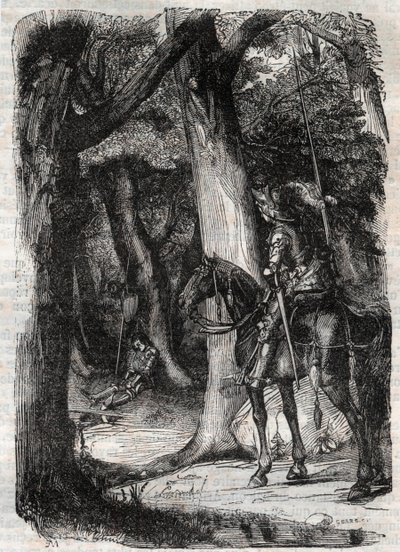 Bradamante apercoit Pinabel (Pinabello) - gravyr från 1851 från "" Furious Orlando" (1500-talet) av Ludovico Ariosto, känd som Ariosta - Upplaga översatt från italienska av greven av Tressan och publicerad av Gustave Harvard av Unknown artist