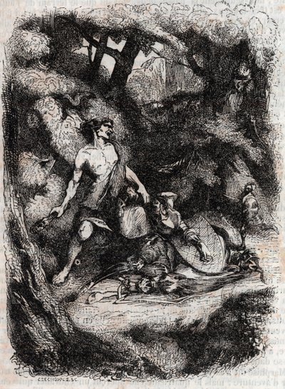Bradamante terrassee av en jätte - gravyr från 1851 från "" Furious Roland"" (Orlando furioso) (1500-talet) av Ludovico Ariosto, känd som Ariosta - Edition översatt från italienska av greven av Tressan och publicerad av Gustave Harvard 1851 av Unknown artist