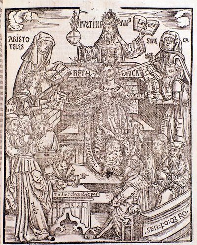 Kunskapsgrenar representerade av Aristoteles (överst till vänster) representerar naturfilosofin, med Seneca som representerar moralfilosofin till höger, kejsaren Justinianus (överst i mitten). Kvinnan i mitten har ett svärd och en blommande gren som kommer av Unknown artist