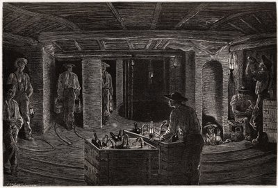 Frukost i gruvan, distribution och konsumtion av korgmåltider till gruvarbetare i kolgruvorna i Creusot. Gravyr för att illustrera en resa till Creusot och gruvorna i Saone och Loire, 1865, av L. Simonin, i "" Le tour du monde, nr. av Unknown artist