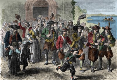 Bretonsk sed: par unga äktenskap vid utgången av kyrkan. På toppen av kortegen finns spelare av biniou och trumma. Treguennec, Finistere (29) av Unknown artist