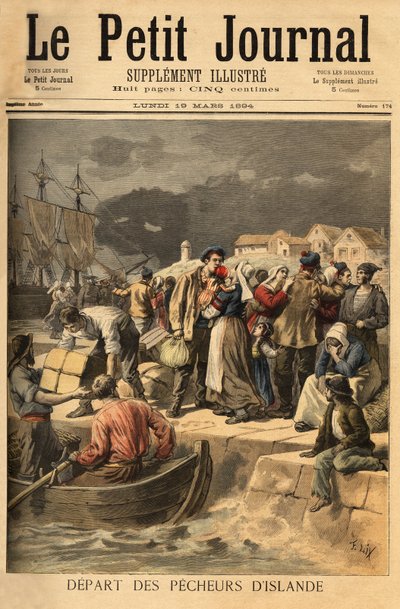 Bretonseglare lämnar Paimpol på våren för att söka efter torsk på Islands eller Newfoundlands kust (Newfoundland). Gravyr i "" Le petit journal"" 1894-03-19. Selvas samling. av Unknown artist