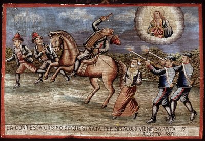 Brigandage, ex-voto 1871: Grevinnan Ursino har precis blivit mirakulöst räddad. av Unknown artist
