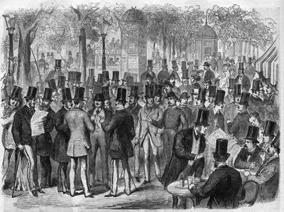 Mäklare nära den lilla Bourse du Boulevard des Italians i Paris, Frankrike. Gravyr i "The Illustrous Universe" av Unknown artist