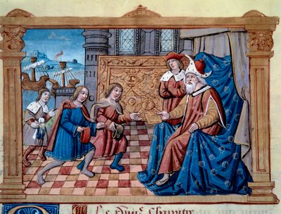 Bröderna Nicolo och Matteo Polo, far och farbror till den unge Marco Polo (1254-1324) togs emot i hovet hos Qubilai (Kubilai Khan, förste kejsare av den mongoliska Yuan-dynastin (1215-1294), mongolisk kejsare 1271. Miniatyr hämtat från "" The B av Unknown artist