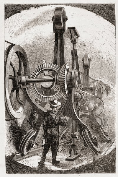 Brunton-maskin för tunnelgrävning i mjuka stenar - i "" The new conquests of science: electricite"" av Louis Figuier, sd av Unknown artist