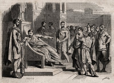 Brutus dömer sin son till döden - Brutus (Marcus Junius Brutus, 85-42 f.Kr.) dömer sina söner till döden - gravyr i "" Dictionnaire populaire illustrious" - 1864 - av Joseph Decembre och Edmond Allonier - av Unknown artist