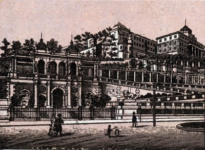 Budapest, Ungern: utsikt över Bourgbazar (Burghbazaar) i "" Världen illustrerar 168 vyer"" Odaterat (slutet av 1800-talet) av Unknown artist