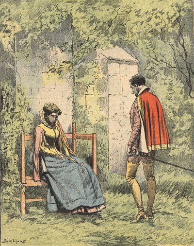 Bussy och Diane, känd som Madame de Monsoreau, i kyrkans trädgård redo., Illustration av romanen "La Dame de Monsoreau" av Alexandre Dumas i "Journal des novels populaires illustrés" av Unknown artist