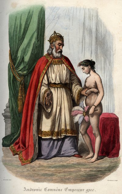 Bysantinske kejsaren Andronikos I Komnenos (eller Andronicus I Comnenus (ca 1118-1185) (Andronic I Comnene) och hans fru Agnes av Frankrike (1171-1240) som tvingas framträda naken för sin orgie. Gravyr från 1842 i "Histoire des" påvar”” av Maurice Lachatre av Unknown artist