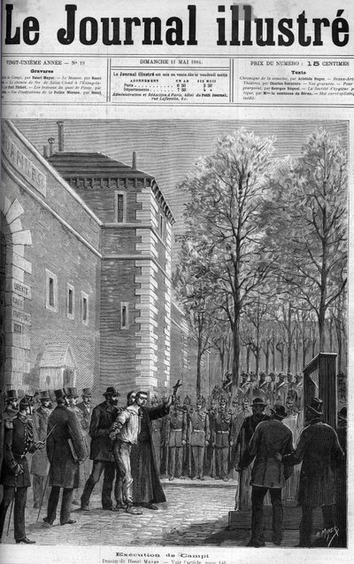 CAMPI, MÖRDARE PÅ RUE DU REGARD - "" Avrättningen av lönnmördaren Michel Campi, på place de la Roquette, 30 april 1884 - GUILLOTIN - gravyr i "" Le journal illustrious" från 1884 av Unknown artist