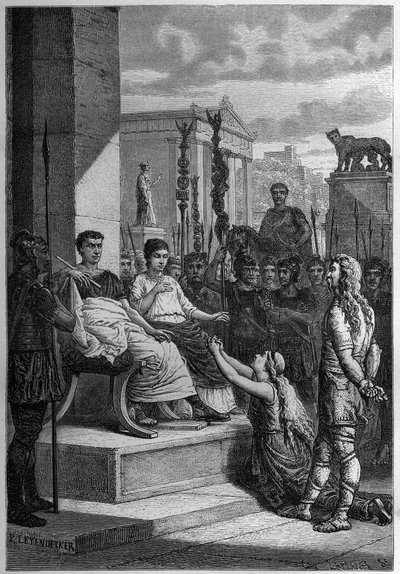 CHAMACUS FÅNGENHET - Caratacus (Caratacos, Caratacus) i fångenskap med sin familj tilltalar den romerske kejsaren Claudius (Claude I) (10 f.Kr.-54 e.Kr.) - Gravyr i "L