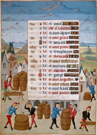Kalender: Augusti - Tillverkning av vinfat - Miniatyr av mästare Jean de Rolin (1400-talet) från "The Hours of Adelaide of Savoy, Duchess of Burgundy" 1460-1465 Chantilly, Musee Conde av Unknown artist