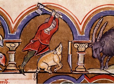 Kalender: november. Grisarna slaktas. Detalj av en miniatyr tagen från "" The Psalter of Saint Elizabeth""" Cividale från 1200-talet, Museo Archeologico av Unknown artist
