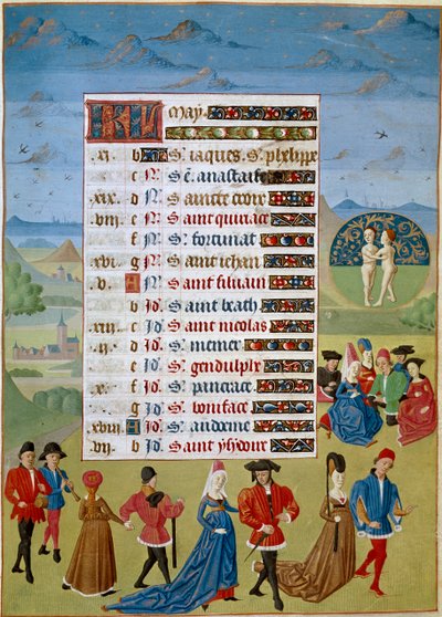Kalender: maj månad, danser och spel - Miniatyr av mästaren av Jean Rolin från manuskriptet "The Hours of Adelaide of Savoy, Duchess of Burgundy" 1460-1465 Chantilly, Musee Conde av Unknown artist