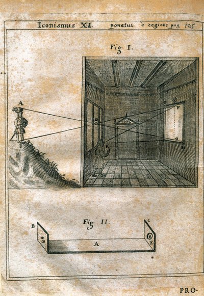 Mörkt rum. gravyr i "" Magia naturalis "" (1558) av Giovanni Battista Giambattista della Porta (1535-1615). Upplaga av 1659. gravyr. av Unknown artist