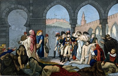 Campaign (Expedition) of Egypt (1798-1801): General Bonaparte besöker pestiferesjukhuset i Jaffa. Gravyr 1800-talet. av Unknown artist