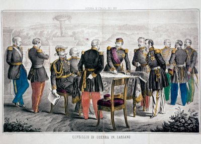 Italiens kampanj 1859: Cassanos krigsråd som ser mötet mellan Vittorio Emanuele II (Victor-Emmanuel eller Victor Emmanuel) och kejsar Napoleon III. Privat samling av Unknown artist