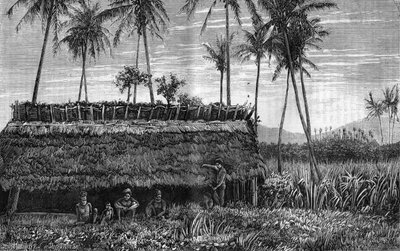 Canaques of New Caledonia (Nya Caledonia) framför en låda eller ett möteshus. Gravyr i "" La Nature"" av Unknown artist