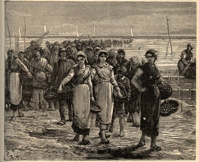 Cancale - Bretagne - The Cancalaises återvänder från fiskebåtarna - - gravering i "" PATRIE" - PECTUREQUIREQUE BESKRIVNING AV FRANKRIKE I 6 VOLYER AV LUCIEN HUARD - slutet av 1800-talet av Unknown artist