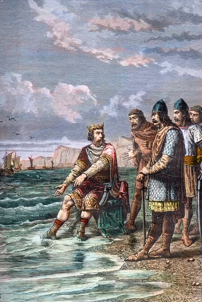 Knud den store, övertygar sina mäklare om att han inte har makt att hejda strömmen - kung Knut II den store (Knud I den store) (ca 995-1035), kung av England från 1016, av Danmark från 1018 och av Norge från 1030 - Han visar för sina hovmän att endast av Unknown artist