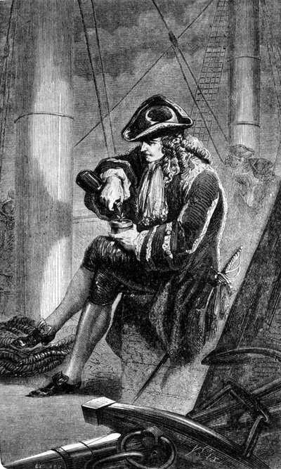 Kapten Gabriel de Clieu (Declieux, Desclieux) (1687/1678- ca. 1774), på uppdrag av kung Ludvig XIV 1725 att föra tillbaka en kaffeplanta (kaffebryggare) till Martinique, delar med honom hans ranson med vatten för att rädda honom från torkan. Gravyr av den  av Unknown artist