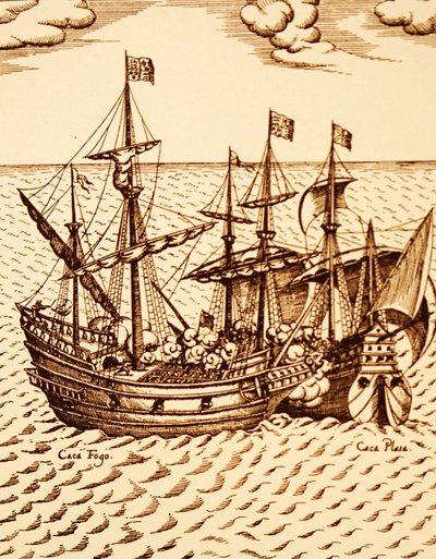 Fångst av den spanska galjonen Cagafuego av den gyllene hinden ledd av Francis Drake i mars 1579 (gravyr) av Unknown artist