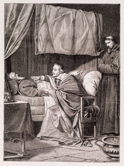 Kardinal Richelieu på fader Josephs dödsbädd - gravyr av Unknown artist