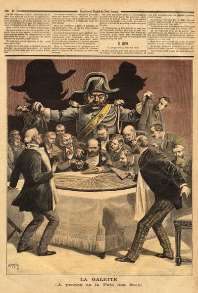 Karikatyrillustration "" la galette"", om kungarnas högtid, där bankiren skär tårtan, alla fällde för att få en del och fann istället för en feve gendarmen. Gravyr i "" Le petit journal"" 1893-01-07. Selvas samling. av Unknown artist