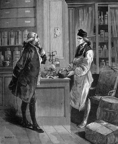 Carl William (Guillaume) Scheele (1742 -1788), svensk kemist i sitt laboratorium hos Tobern Bergmann 1735-1784 kemist. av Unknown artist
