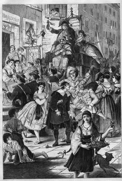 Karneval i Rom: Dr. Pasquins romerska sedvandring. Han erbjuder damerna på balkongerna sina elixirer. Gravyr i "" The Illustrious Universe"" av Unknown artist