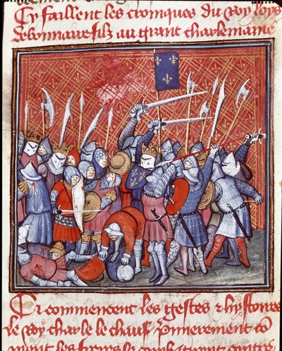 Karolingiska dynasti: "" Den karolingiske kungen Karl II säger den skallige (823-877) under en strid""" Miniatyr hämtad från "" Les grandes Chronicles de France""" Chantilly från 1300-talet, Musee Conde av Unknown artist