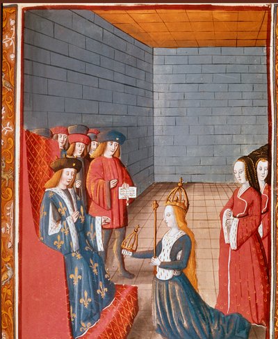 Karolingiska dynasti: "" Den karolingiske kungen Karl II säger att den skallige (823-877) tar huvudet av det västra imperiet vid sin far Ludvig den frommes död 840"" Miniatyr hämtad från "" Les grandes Chronicles de France""" 1400-talets Turin, national li av Unknown artist