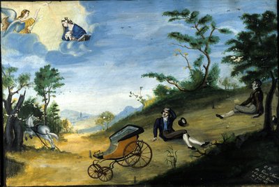 Transportolycka. Ex voto från 1827 från helgedomen Madonna delle Grazie i Monza. av Unknown artist