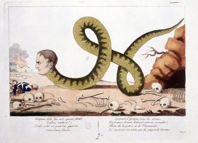 Tecknad film om Napoleon som jag representerade som en orm. Snake of Africa under vapen, i Frankrike kom han först för att täcka sin nakenhet; Gissel av hemland och mänsklighet, monstret levde bara med blod och tårar. - i Napoleon I, karikatyrer, dummysaml av Unknown artist