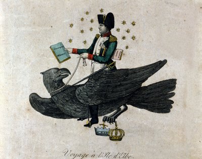 Tecknad film om Napoleon om hans exil på ön Elba. Napoleon på en örn håller i sin högra hand en bok med titeln Militär värnplikt. Gravyr av perioden. av Unknown artist