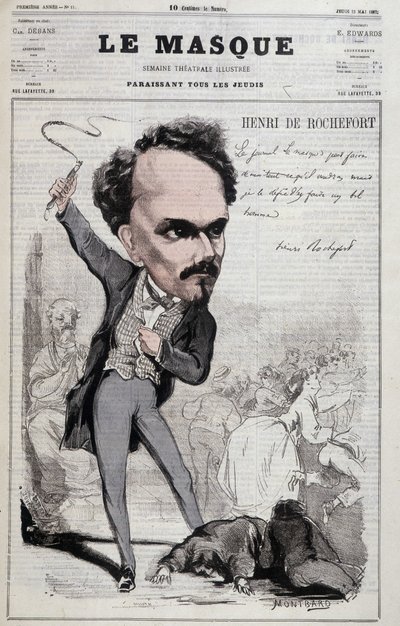 Tecknad serie av Henri de Rochefort (1831-1913), fransk journalist och politiker som visade republikanska ståndpunkter som är fientliga till det värre. i "" Le Masque"" från 1867 av Unknown artist